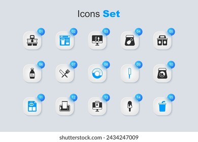 Set Ice cream, Crossed knife and fork, Online ordering food, Restaurant cafe menu, Paper glass with water, Coffee cup to go and Donut icon. Vector