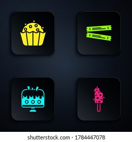 Set Ice cream, Cupcake, Cake on plate and Sugar stick packets. Black square button. Vector