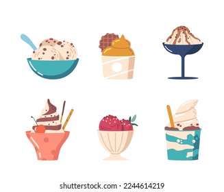 Set of Ice Cream in Cups, Gelato or Creme Brulee Sweet Creamy Dessert Of Various Flavors With Sprinkles And Toppings in Mugs. Chocolate, Fruit Or Yogurt Icecream. Cartoon Vector Illustration, Icons