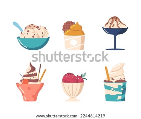 Set of Ice Cream in Cups, Gelato or Creme Brulee Sweet Creamy Dessert Of Various Flavors With Sprinkles And Toppings in Mugs. Chocolate, Fruit Or Yogurt Icecream. Cartoon Vector Illustration, Icons