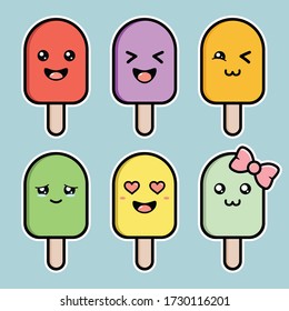 set ice cream cute character sticker vector illustration design