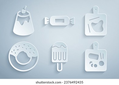 Set Ice cream, Cutting board, Donut, Candy and Pudding custard icon. Vector