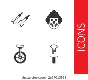 Set Ice cream, Dart arrow, Unicycle and Clown head icon. Vector