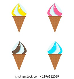Set of Ice cream delicious sweet frozen dessert. Fruit, chocolate creamy delicacy, in glaze, with fruit juice. Flat cartoon illustration.