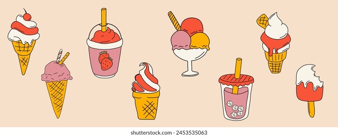 Set of Ice cream depicted in a vibrant cartoon style. Flat vector illustration of ice cream in appealing colors