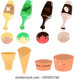 Set of ice cream and dessert ingredients. Syrups, toppings. Cafe design, menu.
