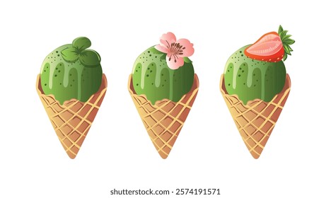 Set of Ice Cream Desserts Macha, Pistachio, Strawberry, Flower, Leaf, Waffle, Cone, Glass, Sweet, Leaves, Vector