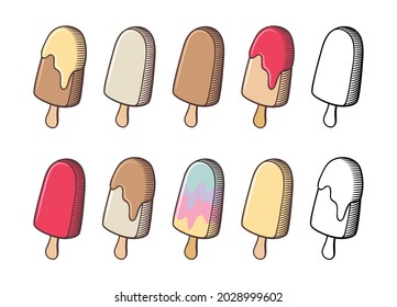 Set of ice cream. Different colors and flavors. Ice-cream with chocolate, milk, vanilla, fruits. Retro style vector illustration