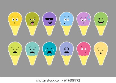 Set of ice cream,  different emotion face. Cartoon flat style.