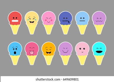 Set of ice cream,  different emotion face. Cartoon flat style.
