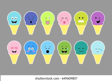 Set of ice cream,  different emotion face. Cartoon flat style.