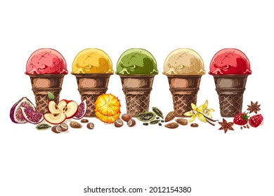 set, ice cream, different flavors, apple, fig, hazelnut, almond, raspberry, pineapple, vanilla, star anise, cardamom, template for banner