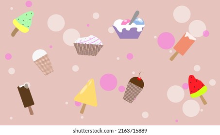 Set of ice cream in different flavors and shapes. Vector illustration, isolated on a pink background.