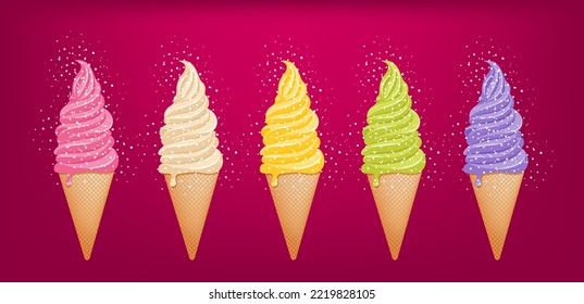 Un conjunto de helados con diferentes sabores y colores en un cono de gofre. Ilustración vectorial para el diseño