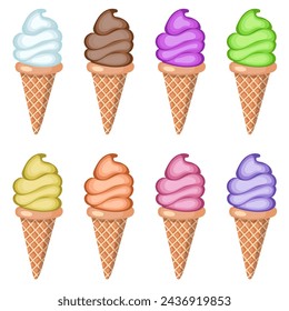 A set of ice cream with different flavors in waffle cones. Vector illustration on white background.