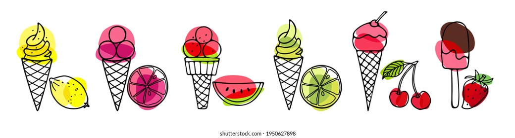 Set of Ice Cream. Different ice screm types. Hand drawn sketch with fruits and berries. Delicious frozen dessert. Bright summertime sweet food. Vector doodle for cafe restaurant menu, tshirt, wallart