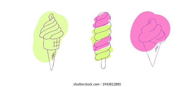 Un conjunto de helados de diferentes formas rosa y verde. Ilustración vectorial de estilo de dibujos animados. Estilo de doodle dibujado a mano.