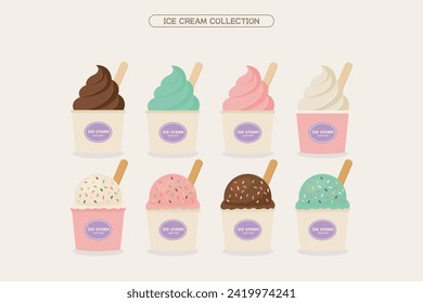 Set of ice cream in different shapes and colors. Vector illustration.
