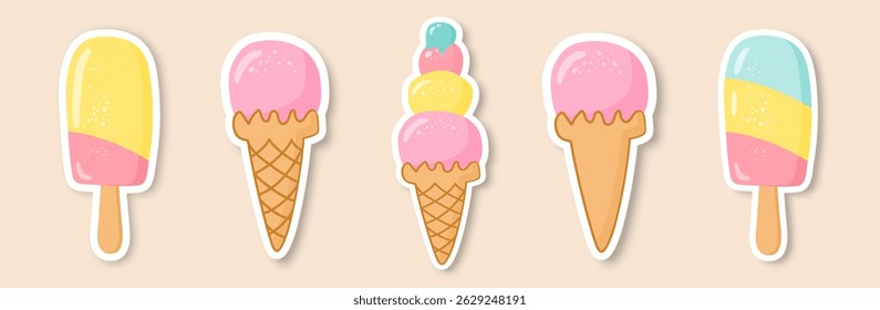 A set of ice cream of different shapes on a yellow background. The concept of summer. Fashionable design in the style of pop art of the 80s. Vector EPS 10.