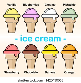 Set of ice cream different tastes. Waffle cup 