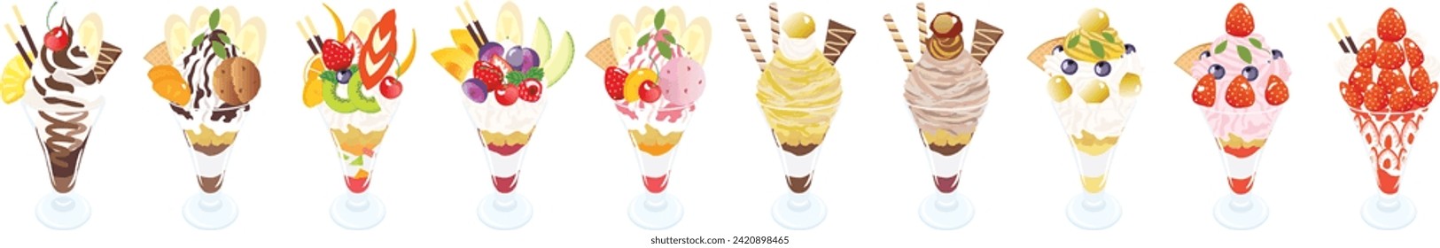 Set of ice cream with different toppings in a glass. Vector illustration.