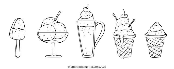 Set, ice cream of different types. Waffle cone, ice cream in cups, popsicle, in a cup. Cafe menu in sketch style, postcard, greeting card decoration. Hand drawing, graphics.