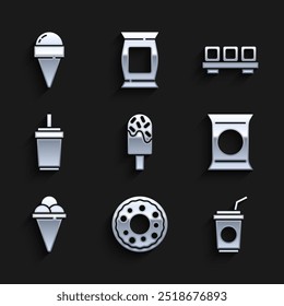 Set Ice cream, Donut, Paper glass with straw, Bag or packet potato chips, in waffle cone, Sushi cutting board and  icon. Vector