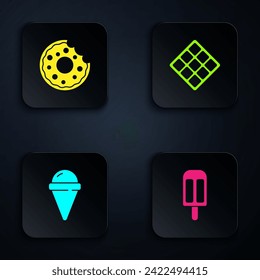 Set Ice cream, Donut, in waffle cone and Waffle. Black square button. Vector