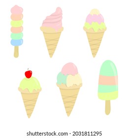 Set Ice cream doodle hand drawn style, ice cream set pastel color isolated on white background vector illustration. 