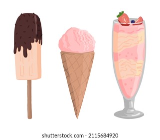 Set of ice cream doodles. Collection of sweet food, desserts. Hand drawn vector illustration in flat style. Cartoon cliparts isolated on white background.