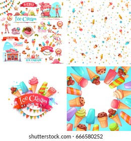 Set of ice cream elements, frame, and pattern isolated on white. 