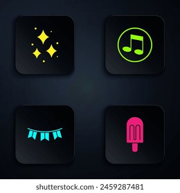 Set Ice cream, Firework, Carnival garland with flags and Music note, tone. Black square button. Vector