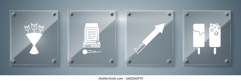 Set Ice cream , Firework rocket , Karaoke  and Bouquet of flowers . Square glass panels. Vector