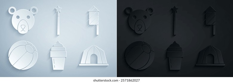 Set Ice cream, Firework rocket, Beach ball, Circus tent, Magic wand and Bear head icon. Vector