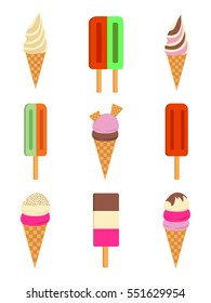 Set of Ice Cream Flat Icon. Colorful design element. Retro label for Ice Cream Logos. Summer isolated badges. Vector Illustration.