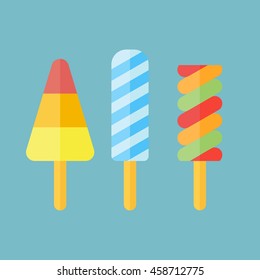Set of ice cream in flat style. Ice lolly isolated on blue background. Popsicles vector illustration.