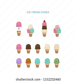 Set of Ice cream flavor in cones vector many taste for menu design in restaurant or ice cream shop