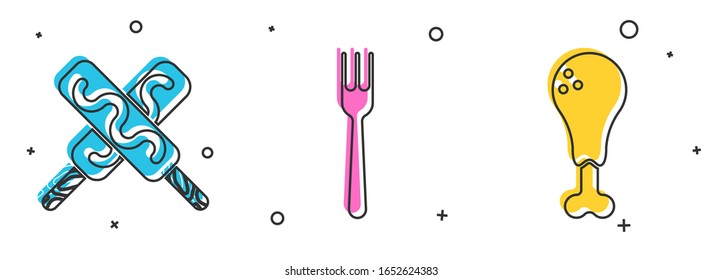 Set Ice cream, Fork and Chicken leg icon. Vector