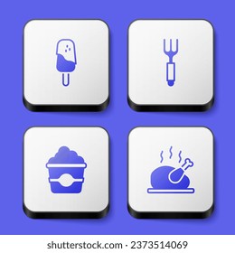 Set Ice cream, Fork, Popcorn in cardboard box and Roasted turkey chicken icon. White square button. Vector