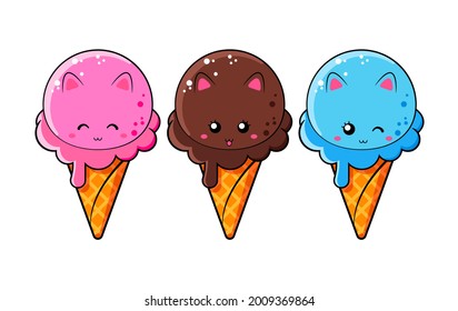 conjunto de helados en forma de gatos en un cono de gofre al estilo kawaii