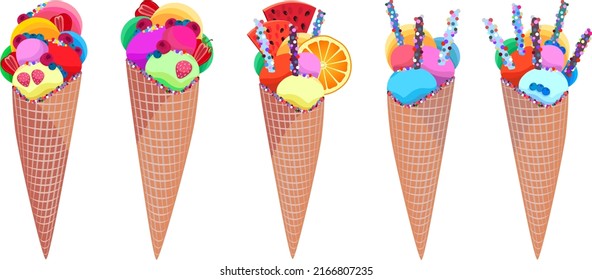 Set. Ice cream with fruit in balls in a waffle cup. Ice cream vector illustration, sweetness, cool summer food