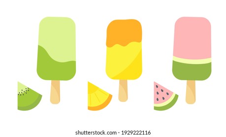Set of ice cream and fruit slices. Ice cream on a stick with kiwi, pineapple and watermelon flavor.