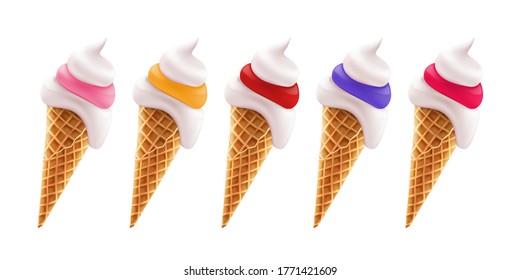 Set of ice cream with fruit topping in wafer cone icons. 3d vector realistic illustration.