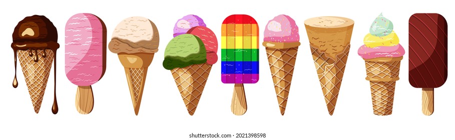 Set Of Ice Cream. Gelato, Popsicle, Ice Pop, Waffle Cone, Frozen Yogurt Vector Collection In Cartoon Style