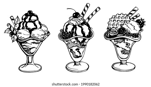 Set of ice cream in a glass with berries, mint, chocolate, glaze, waffle. Vector image on transparent background