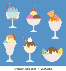 set of ice cream in glass and cup with topping illustration, such as sundae, parfait, flat icon vector