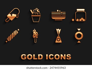 Conjunto de helado, tarro de cristal con caramelos dentro, caramelos, pila de panqueques, y el icono del tazón. Vector