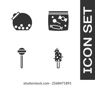 Set Ice cream, Glass jar with candies inside, Lollipop and Candy packaging for sweets icon. Vector