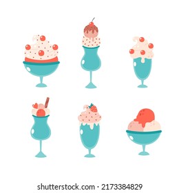 Set of ice cream in glass with strawberry, cherry, cinnamon stick. Summertime, hello summer. Hand drawn vector illustration