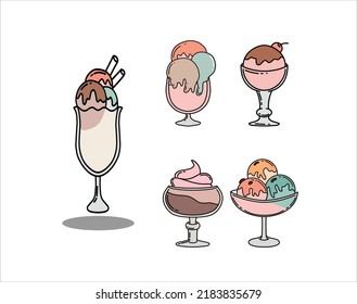 Set of Ice Cream in Glass with Topping on White Background